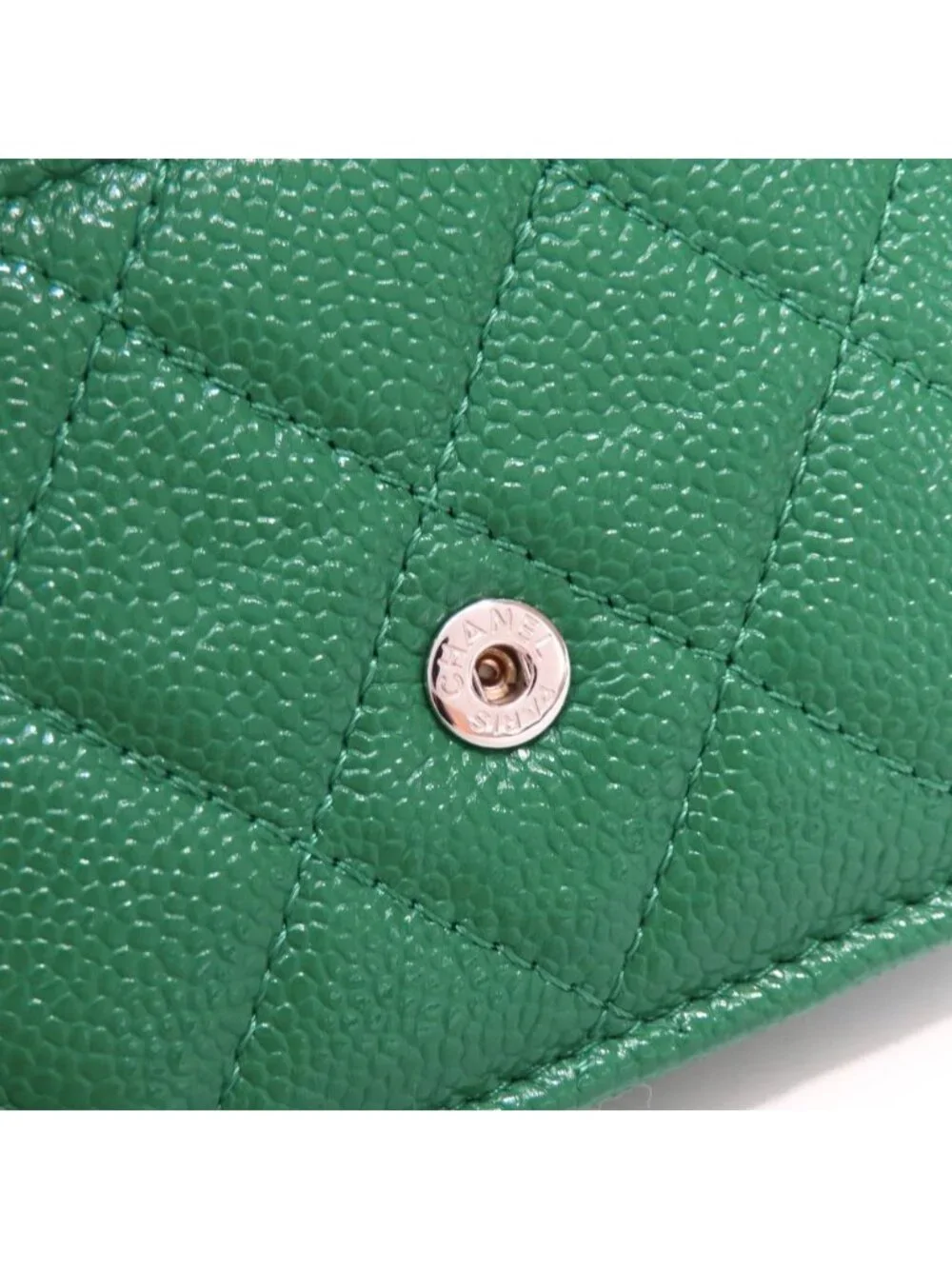 Chanel Trifold Wallet Compact Quilted CC Logo Caviar Leather Green Silver 30